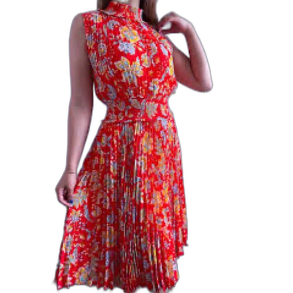Nanette Lepore Floral Pleated Midi Dress Size 12 Smocked Mock Neck Garden Party